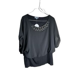 Joseph A. Beaded Scooped Neck Top Blouse Dolman Sleeve Sheer Black Womens XL NWT